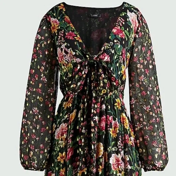 J.Crew Tie Front Lurex Floral Maxi Dress Boho Long Sleeve Romantic Size XL - Picture 5 of 11